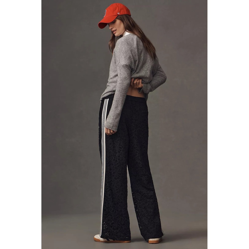 NWT Anthropologie Maeve Brooklin Lace Track Pants M Black $158 Sporty Stripe - Picture 2 of 11